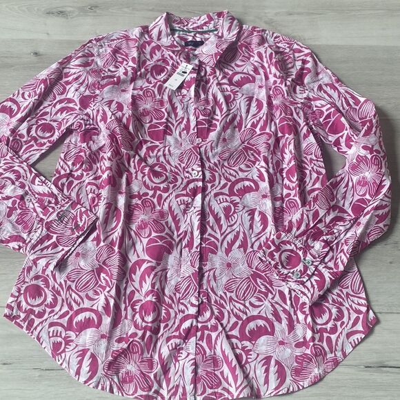 TALBOTS COTTON BUTTON‎ FRONT SHIRT - ISLAND M VIOLET ROSE / WHITE NWT - Picture 2 of 4